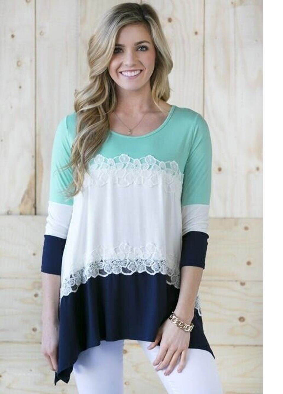 Eloges, Tunic mint, navy & White Scoop neckline, flare cut - Size XL